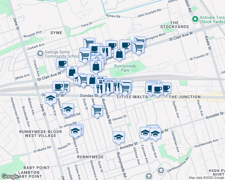 map of restaurants, bars, coffee shops, grocery stores, and more near 241 Maria Street in Toronto