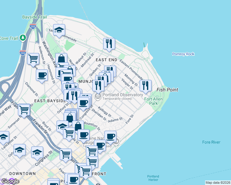 map of restaurants, bars, coffee shops, grocery stores, and more near 99 Atlantic Street in Portland