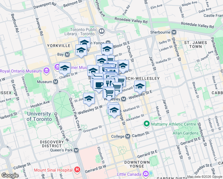 map of restaurants, bars, coffee shops, grocery stores, and more near 15 Irwin Avenue in Toronto