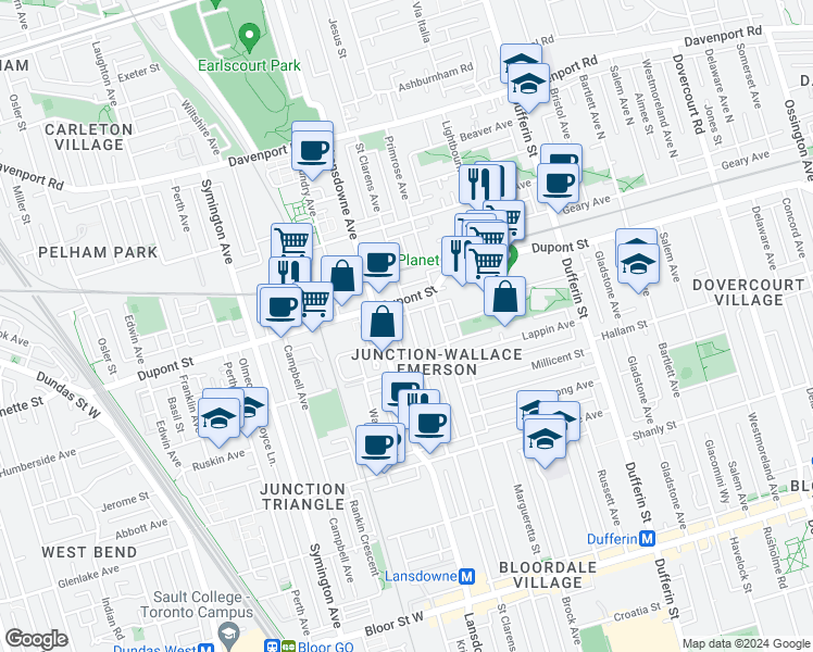 map of restaurants, bars, coffee shops, grocery stores, and more near 692 Saint Clarens Avenue in Toronto