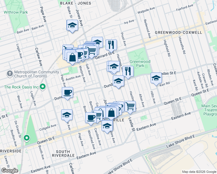 map of restaurants, bars, coffee shops, grocery stores, and more near 1467 Dundas Street East in Toronto