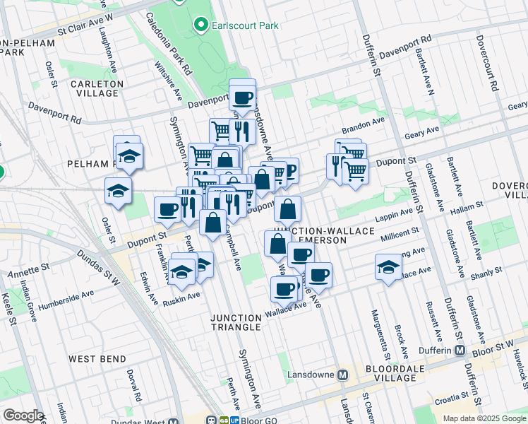 map of restaurants, bars, coffee shops, grocery stores, and more near in Toronto