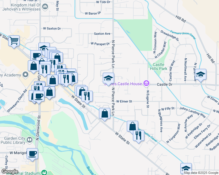 map of restaurants, bars, coffee shops, grocery stores, and more near 5015 North Pierce Park Lane in Boise