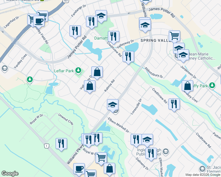 map of restaurants, bars, coffee shops, grocery stores, and more near 26 Brentwick Drive in Brampton