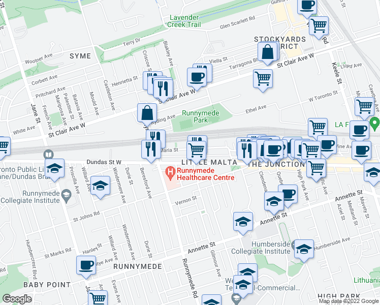 map of restaurants, bars, coffee shops, grocery stores, and more near 209 Maria Street in Toronto