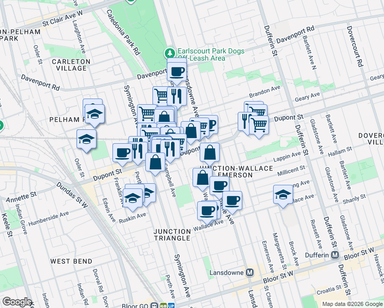 map of restaurants, bars, coffee shops, grocery stores, and more near 1407 Dupont Street in Toronto