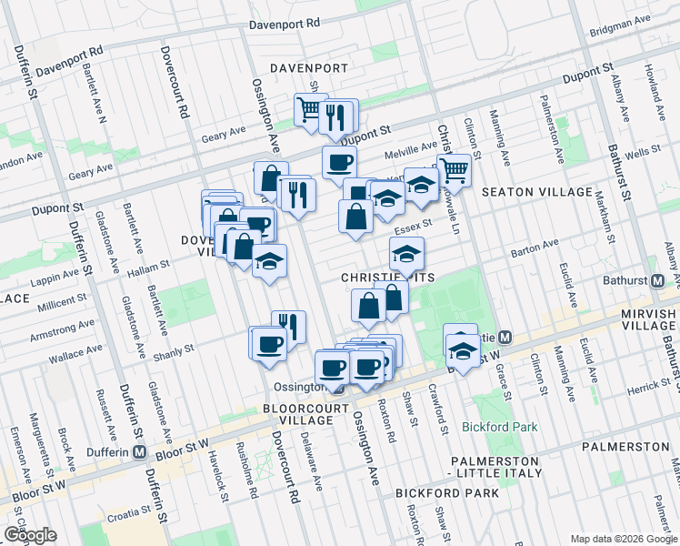 map of restaurants, bars, coffee shops, grocery stores, and more near 176 Pendrith Street in Toronto