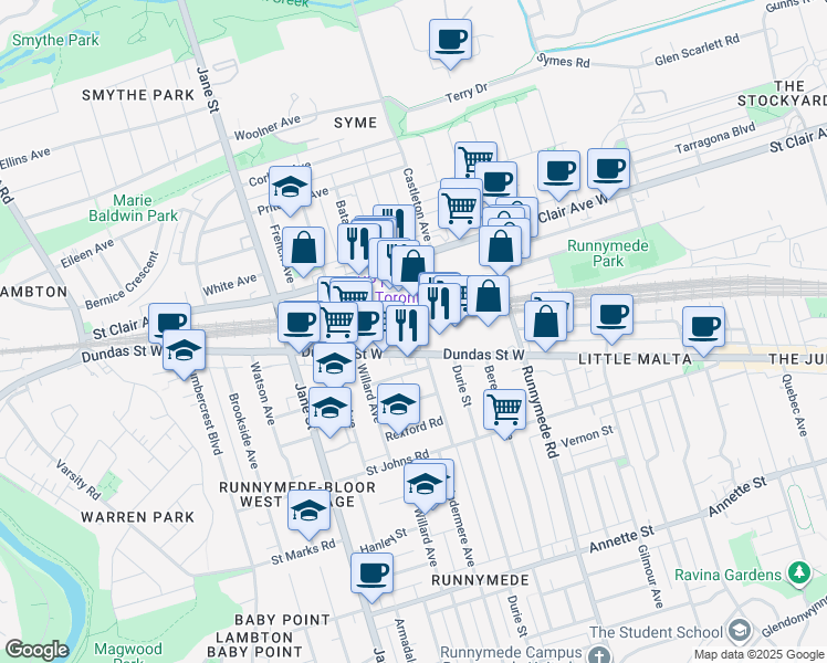 map of restaurants, bars, coffee shops, grocery stores, and more near 3446 Dundas Street West in Toronto