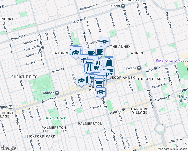 map of restaurants, bars, coffee shops, grocery stores, and more near in Toronto