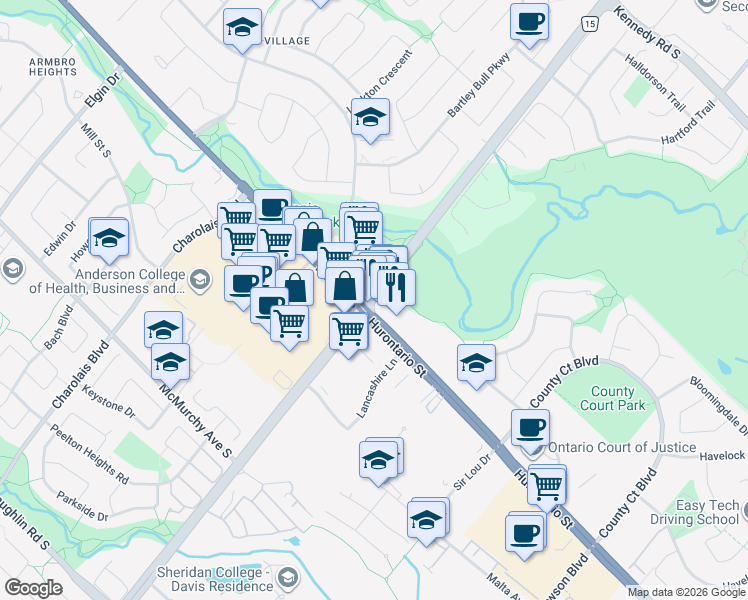 map of restaurants, bars, coffee shops, grocery stores, and more near 0 Steeles Avenue East in Brampton