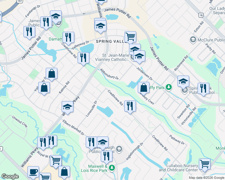 map of restaurants, bars, coffee shops, grocery stores, and more near 9461 Creditview Road in Brampton