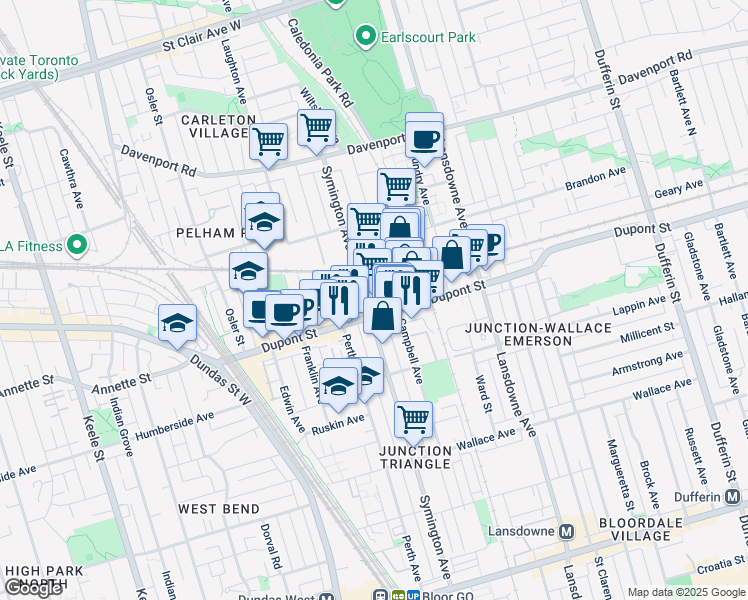 map of restaurants, bars, coffee shops, grocery stores, and more near 323 Symington Avenue in Toronto