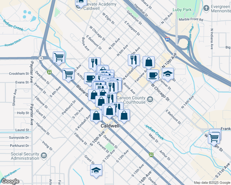 map of restaurants, bars, coffee shops, grocery stores, and more near 807 Main Street in Caldwell