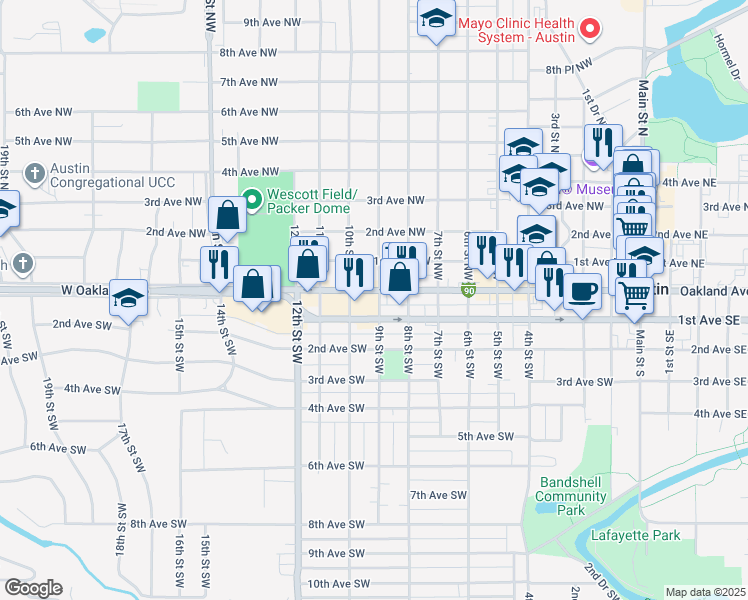 map of restaurants, bars, coffee shops, grocery stores, and more near 102 9th Street Southwest in Austin