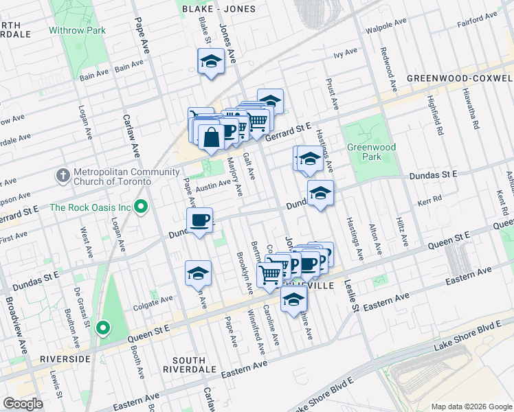 map of restaurants, bars, coffee shops, grocery stores, and more near 81 Dagmar Avenue in Toronto