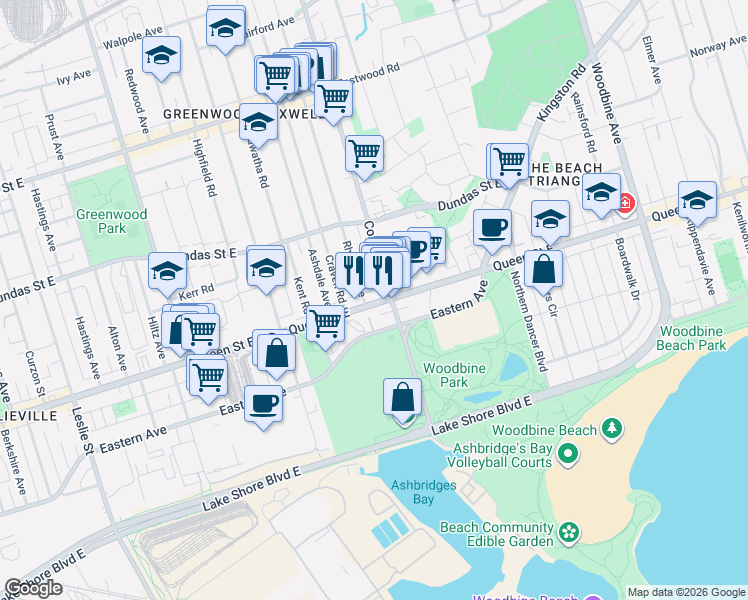 map of restaurants, bars, coffee shops, grocery stores, and more near 1598 Queen Street East in Toronto