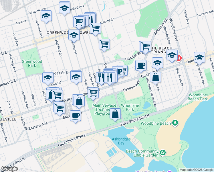 map of restaurants, bars, coffee shops, grocery stores, and more near 1598 Queen Street East in Toronto