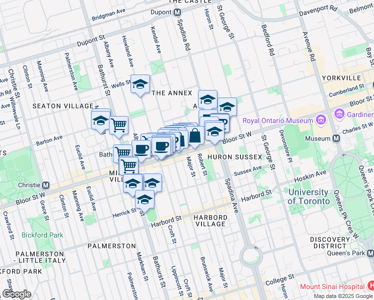 map of restaurants, bars, coffee shops, grocery stores, and more near 378 Bloor Street West in Toronto