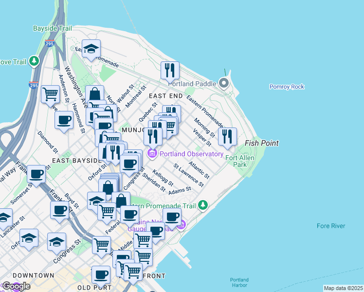 map of restaurants, bars, coffee shops, grocery stores, and more near 49 Moody Street in Portland