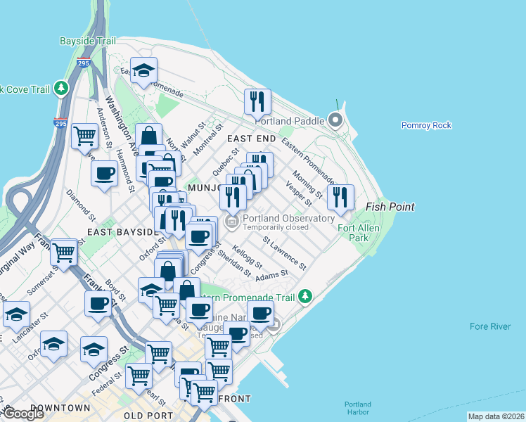map of restaurants, bars, coffee shops, grocery stores, and more near 99 Atlantic Street in Portland