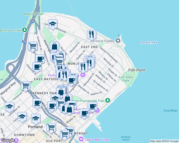 map of restaurants, bars, coffee shops, grocery stores, and more near 99 Atlantic Street in Portland
