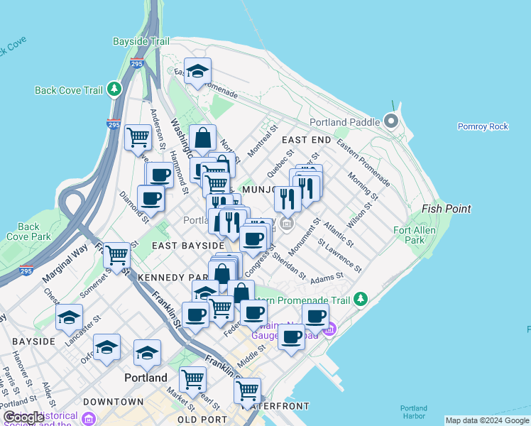 map of restaurants, bars, coffee shops, grocery stores, and more near 32 North Street in Portland