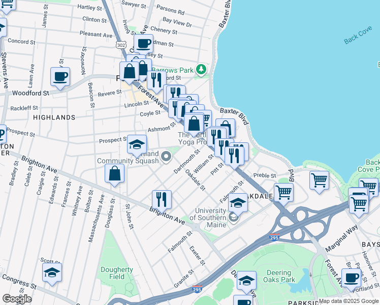 map of restaurants, bars, coffee shops, grocery stores, and more near 10 Freeman Street in Portland