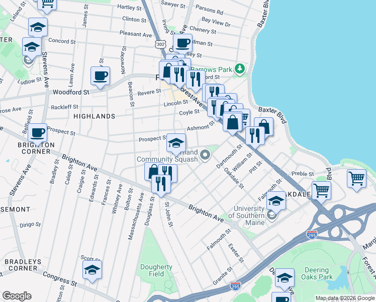 map of restaurants, bars, coffee shops, grocery stores, and more near 57 Longfellow Street in Portland