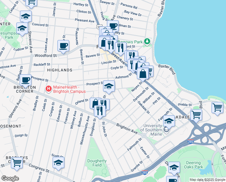 map of restaurants, bars, coffee shops, grocery stores, and more near 89 Devonshire Street in Portland
