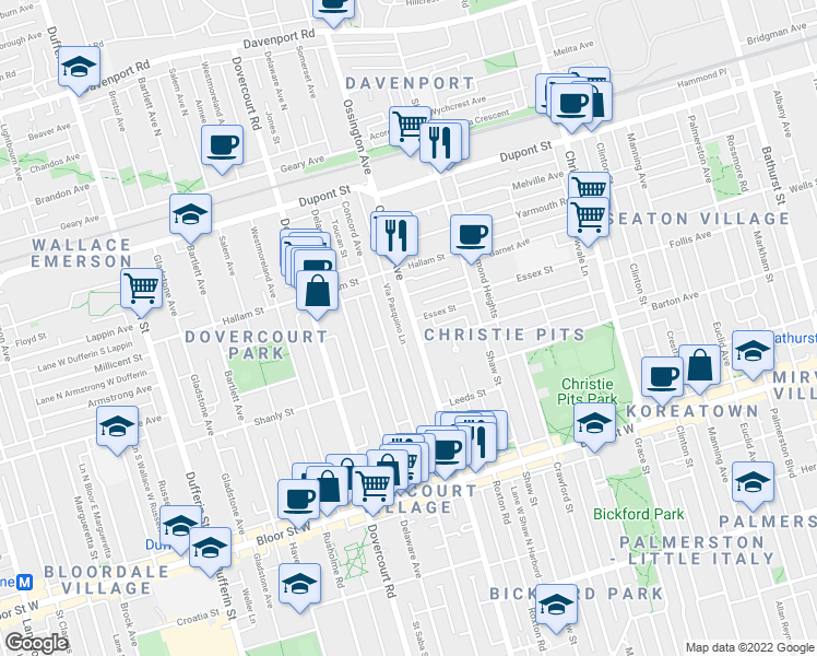 map of restaurants, bars, coffee shops, grocery stores, and more near 918 Via Pasquino Lane in Toronto