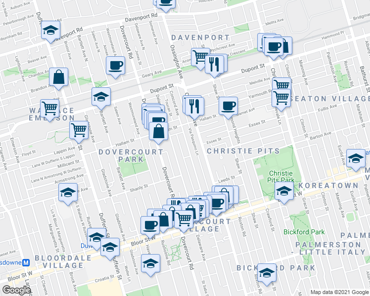 map of restaurants, bars, coffee shops, grocery stores, and more near in Toronto