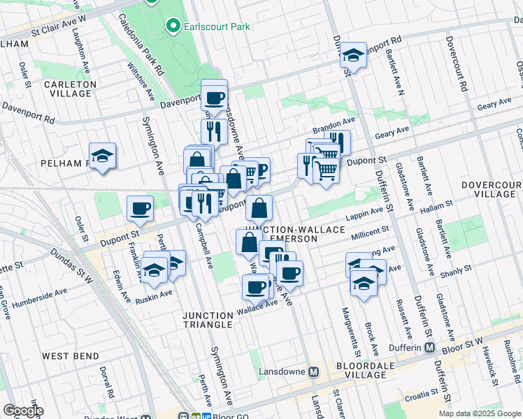 map of restaurants, bars, coffee shops, grocery stores, and more near in Toronto
