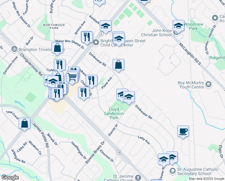 map of restaurants, bars, coffee shops, grocery stores, and more near 61 Caruso Drive in Brampton