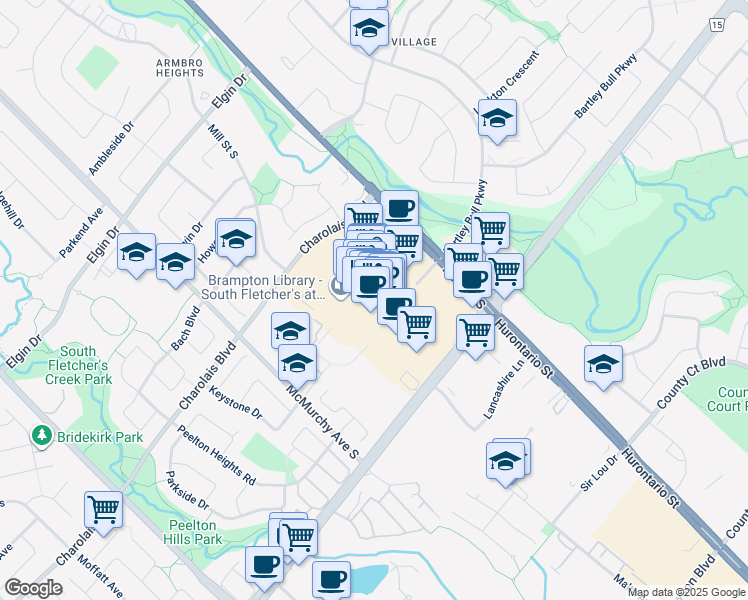 map of restaurants, bars, coffee shops, grocery stores, and more near 499 Main Street South in Brampton