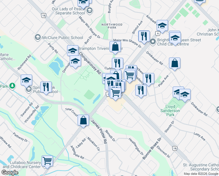 map of restaurants, bars, coffee shops, grocery stores, and more near in Brampton