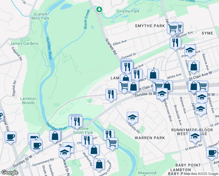 map of restaurants, bars, coffee shops, grocery stores, and more near 185 Eileen Avenue in Toronto