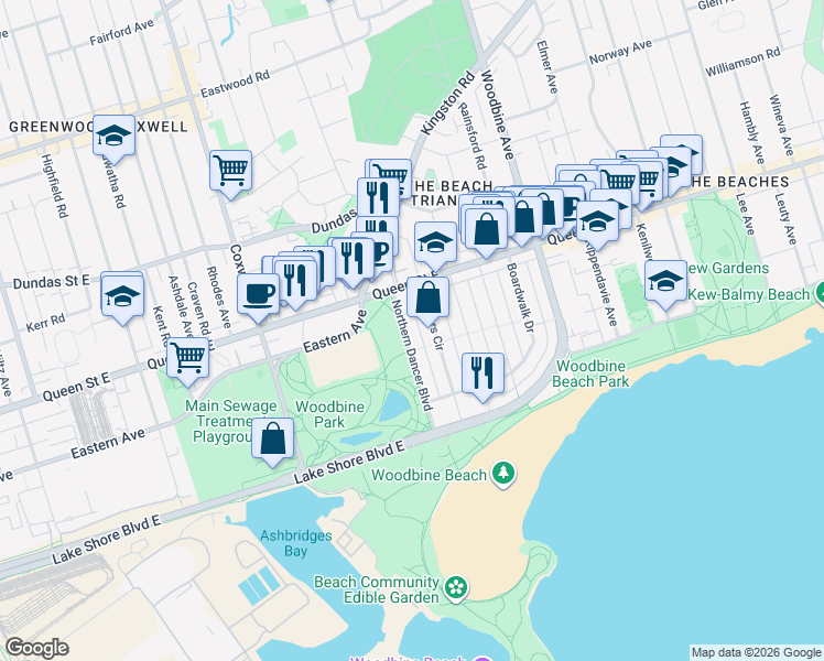 map of restaurants, bars, coffee shops, grocery stores, and more near 85 Northern Dancer Boulevard in Toronto
