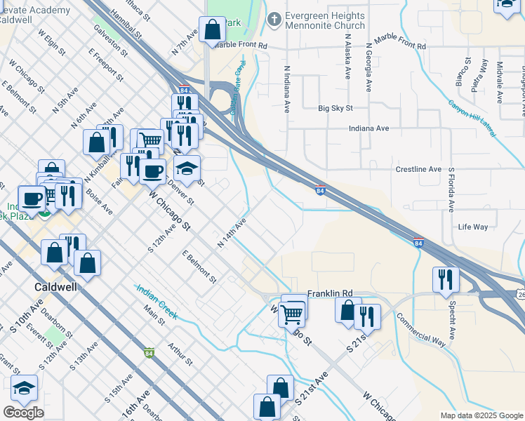 map of restaurants, bars, coffee shops, grocery stores, and more near 1407 Hope Lane in Caldwell