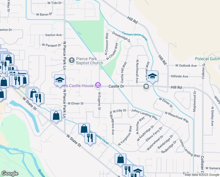map of restaurants, bars, coffee shops, grocery stores, and more near 5801 Castle Drive in Boise