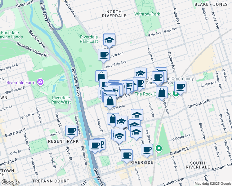 map of restaurants, bars, coffee shops, grocery stores, and more near 27 Simpson Avenue in Toronto
