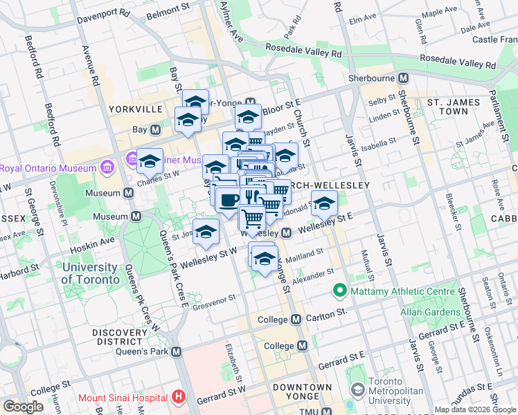 map of restaurants, bars, coffee shops, grocery stores, and more near 632 Yonge Street in Toronto