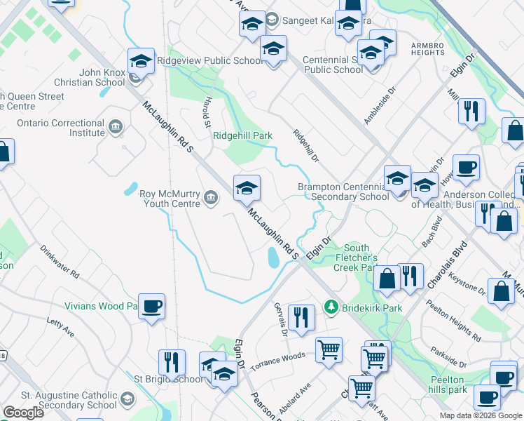 map of restaurants, bars, coffee shops, grocery stores, and more near 24 Norbert Road in Brampton