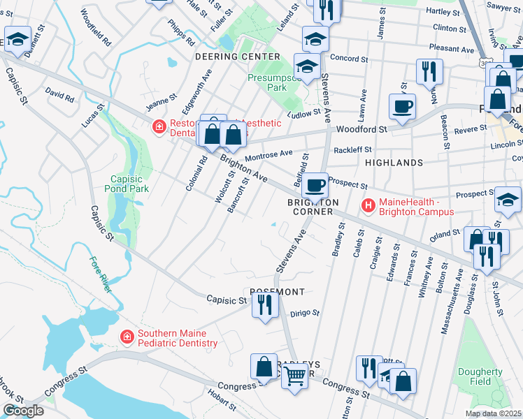 map of restaurants, bars, coffee shops, grocery stores, and more near 35 Motley Street in Portland