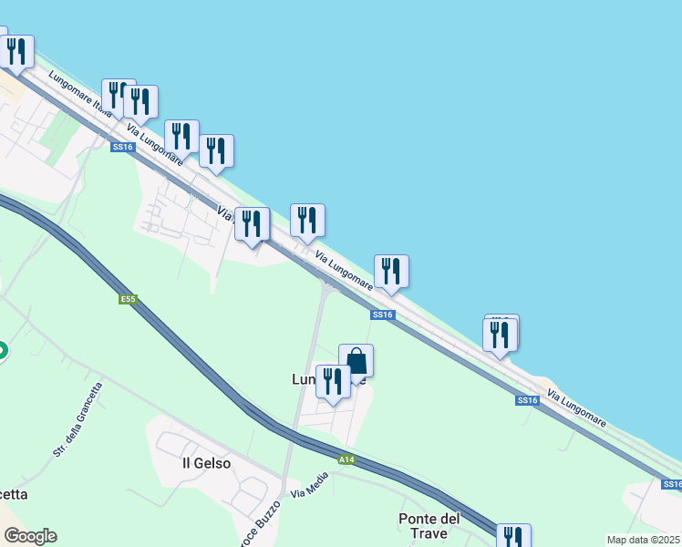 map of restaurants, bars, coffee shops, grocery stores, and more near 70A Via Lungomare in Lungomare