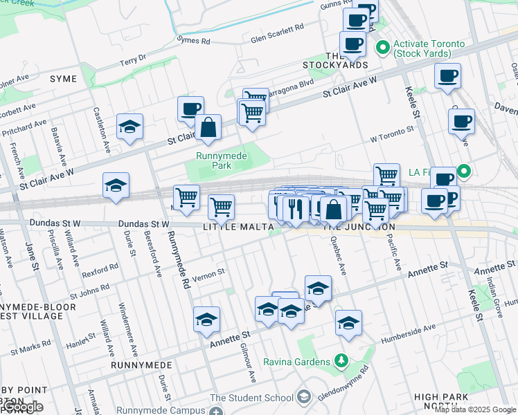 map of restaurants, bars, coffee shops, grocery stores, and more near 107 Maria Street in Toronto