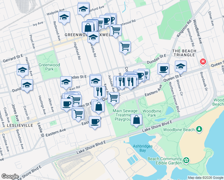 map of restaurants, bars, coffee shops, grocery stores, and more near 16 Ashdale Avenue in Toronto