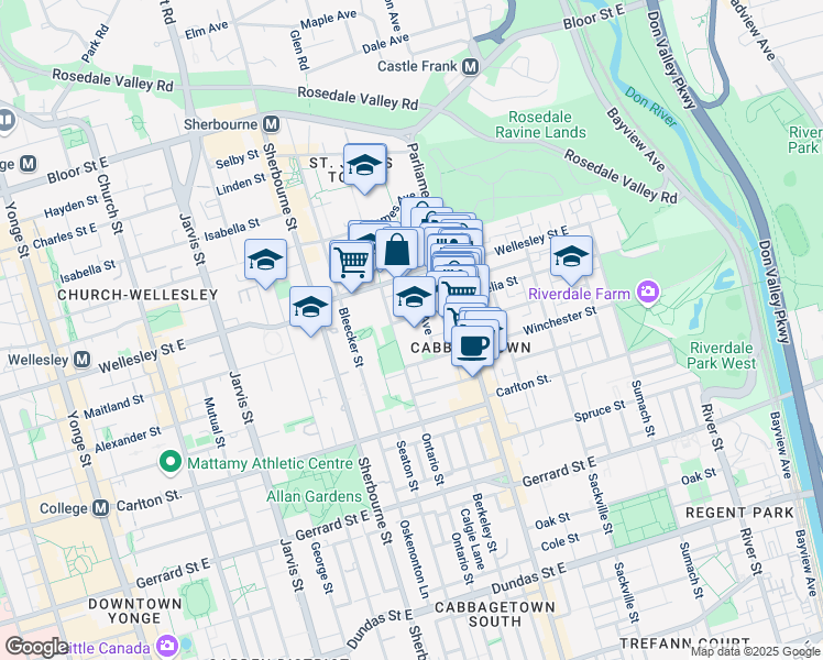 map of restaurants, bars, coffee shops, grocery stores, and more near 15 Prospect Street in Toronto