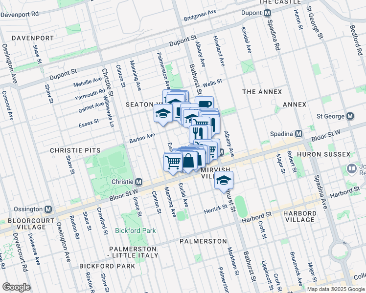 map of restaurants, bars, coffee shops, grocery stores, and more near 600 Palmerston Avenue in Toronto