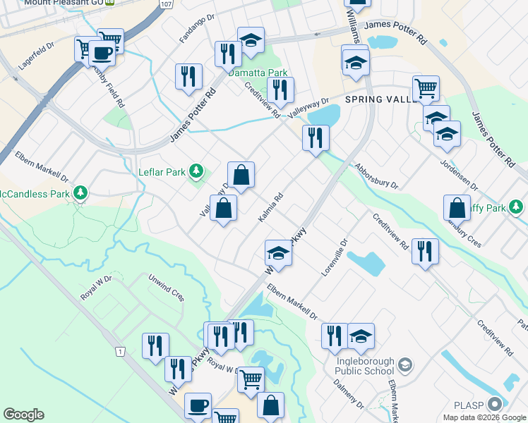 map of restaurants, bars, coffee shops, grocery stores, and more near 44 Kalmia Road in Brampton