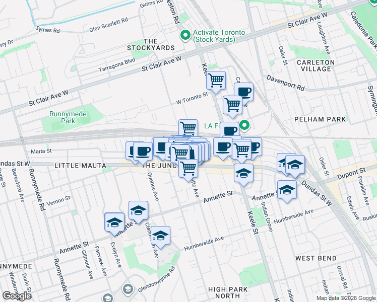 map of restaurants, bars, coffee shops, grocery stores, and more near 449 Pacific Avenue in Toronto